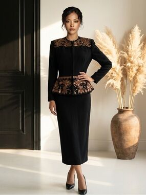 ANYA Luxury 100% Silk Beaded Peplum Skirt Suit - Black & Gold - Size 8